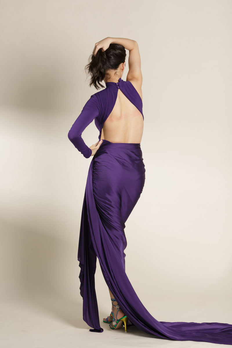Purple Asymmetrical Bodysuit and Ruched Skirt Set