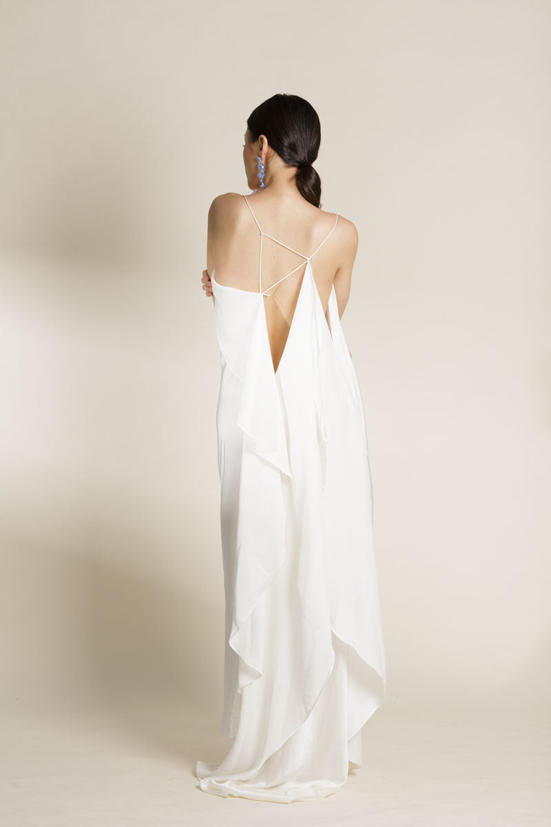 White Waterfall Silk Drape Dress