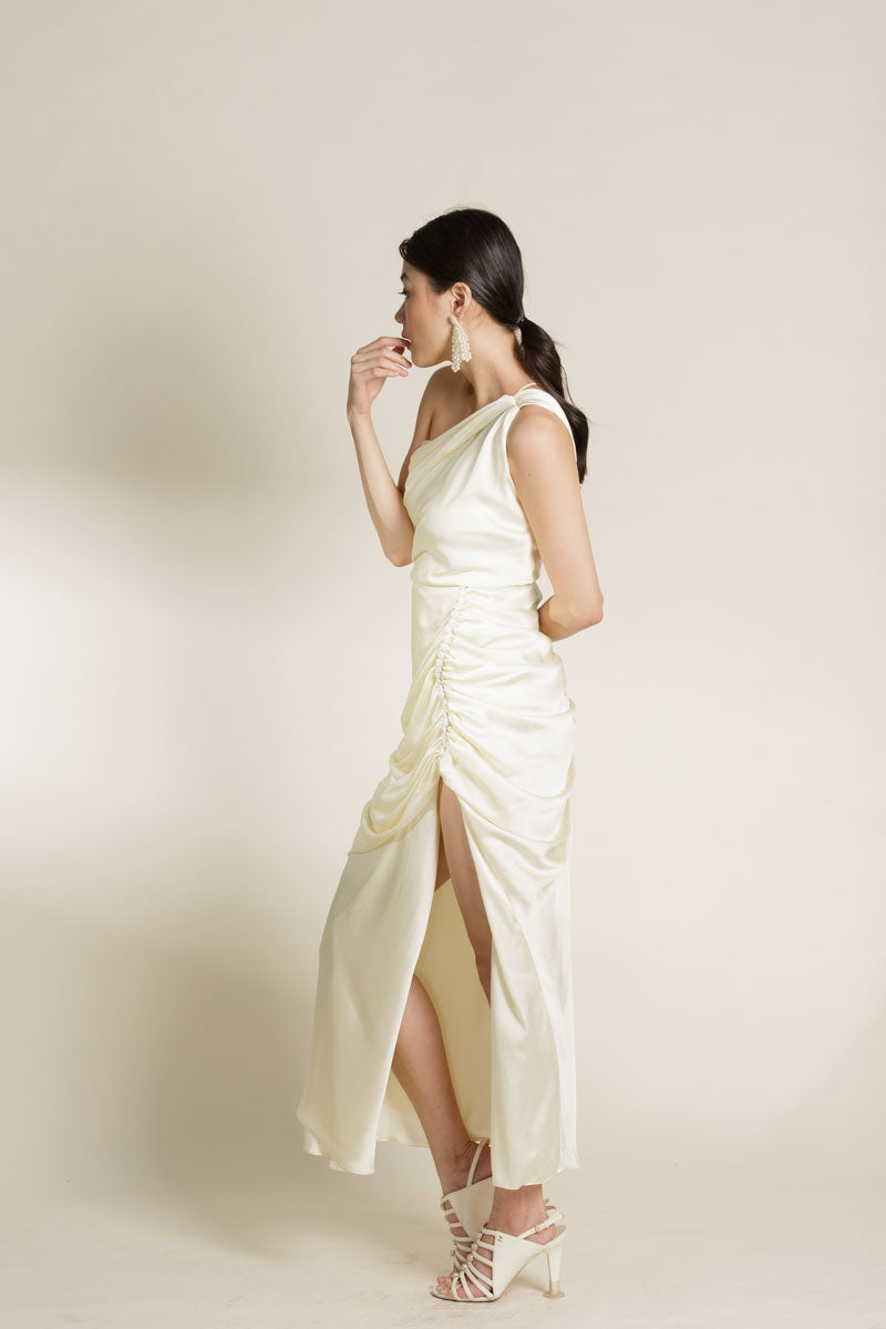 Cream Satin Ruched Dress