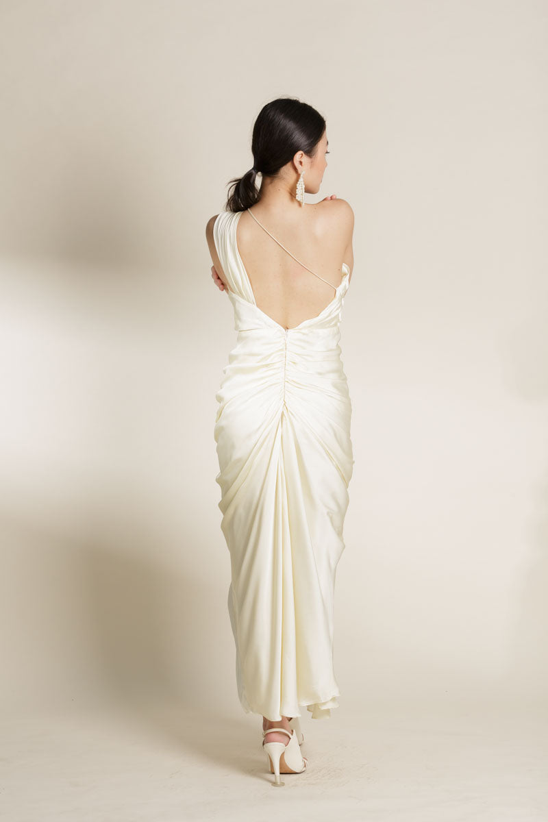 Cream Satin Ruched Dress