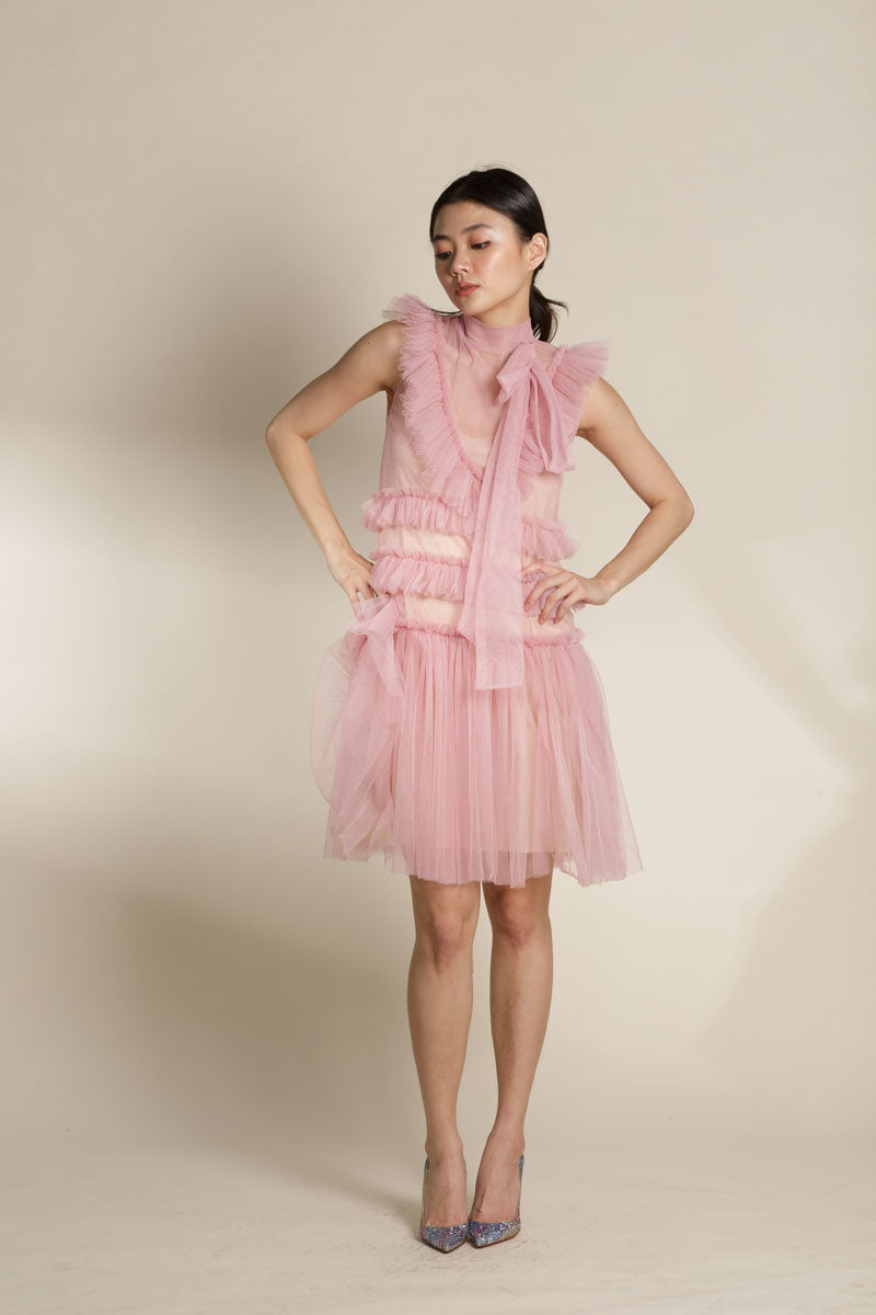 Pink Tulle Tiered Mini Dress