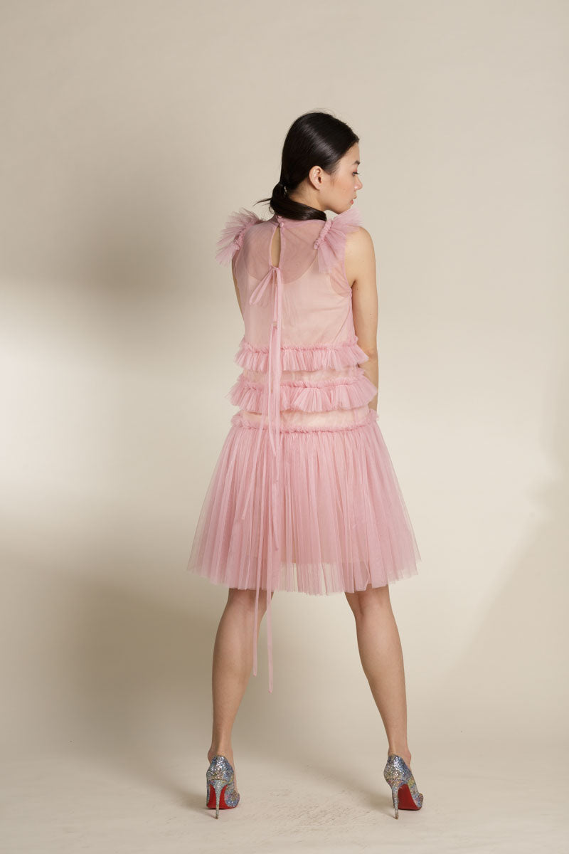 Pink Tulle Tiered Mini Dress