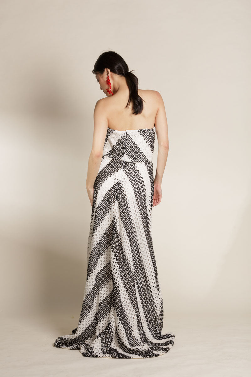 Black and White Guipure Strapless Gown
