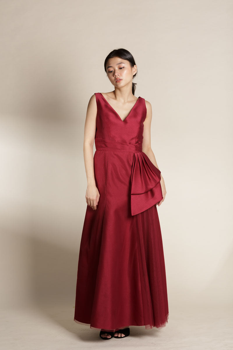 Maroon Gazar with Tulle Overlay Sleeveless Gown