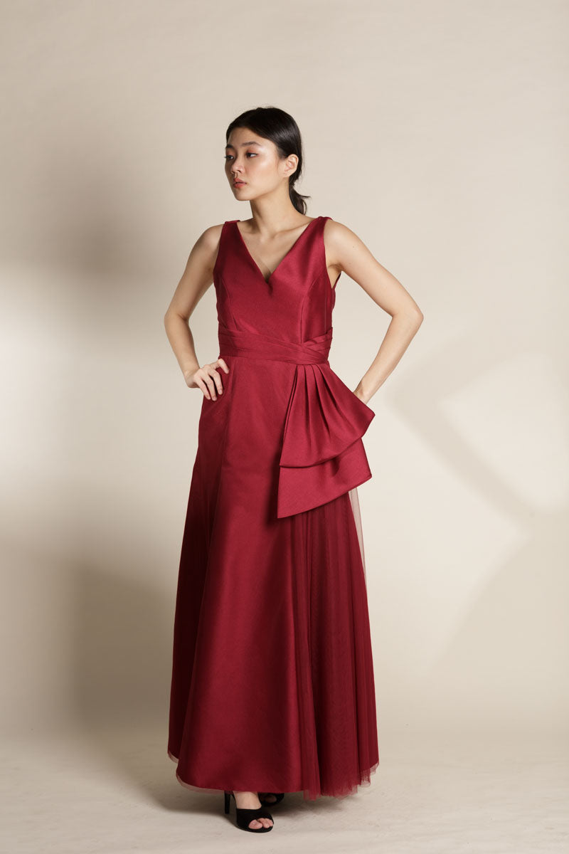 Maroon Gazar with Tulle Overlay Sleeveless Gown