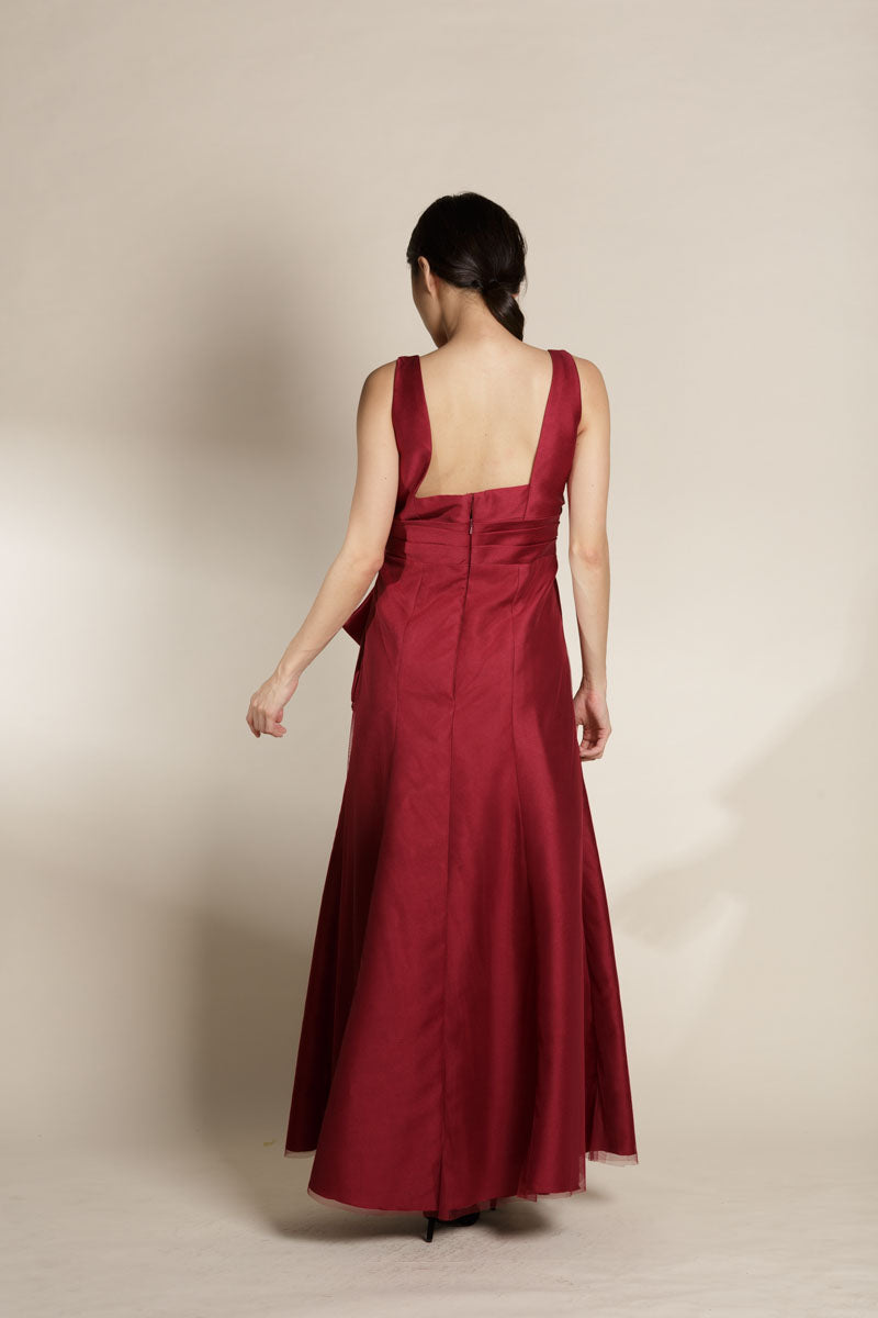 Maroon Gazar with Tulle Overlay Sleeveless Gown