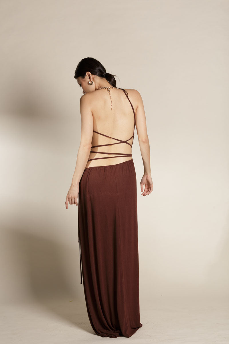Brown Stretch Cotton Strappy Asymmetrical Dress